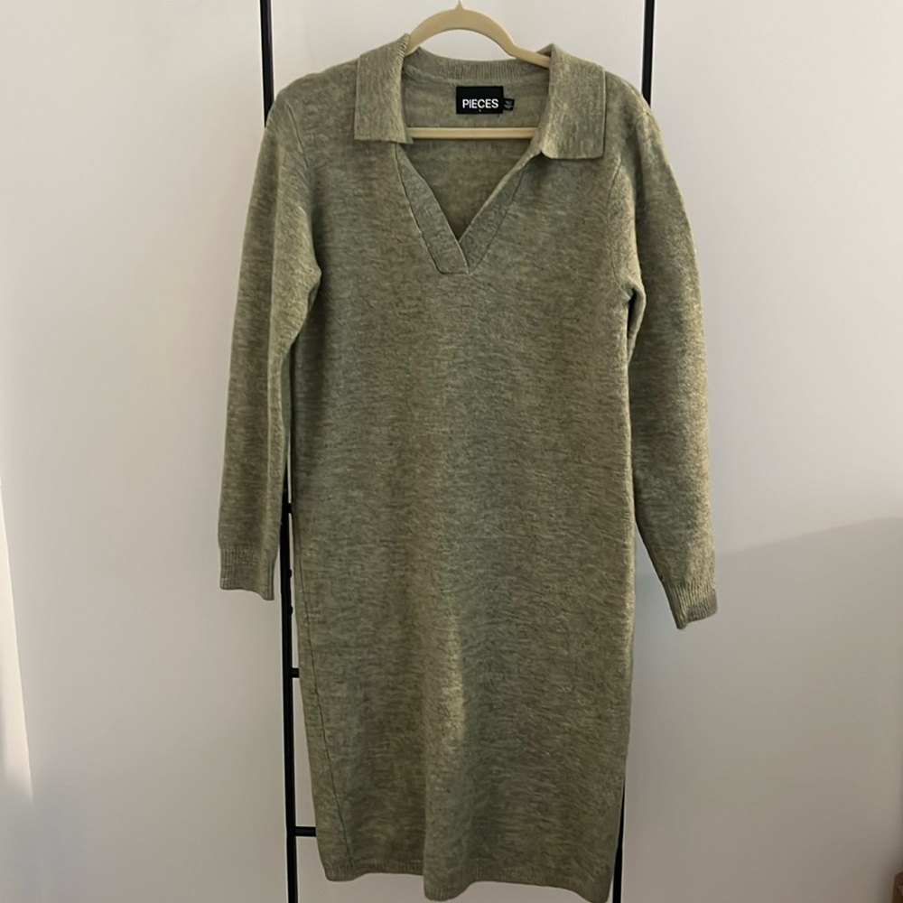 Pieces Sage Collared Sweater Dress